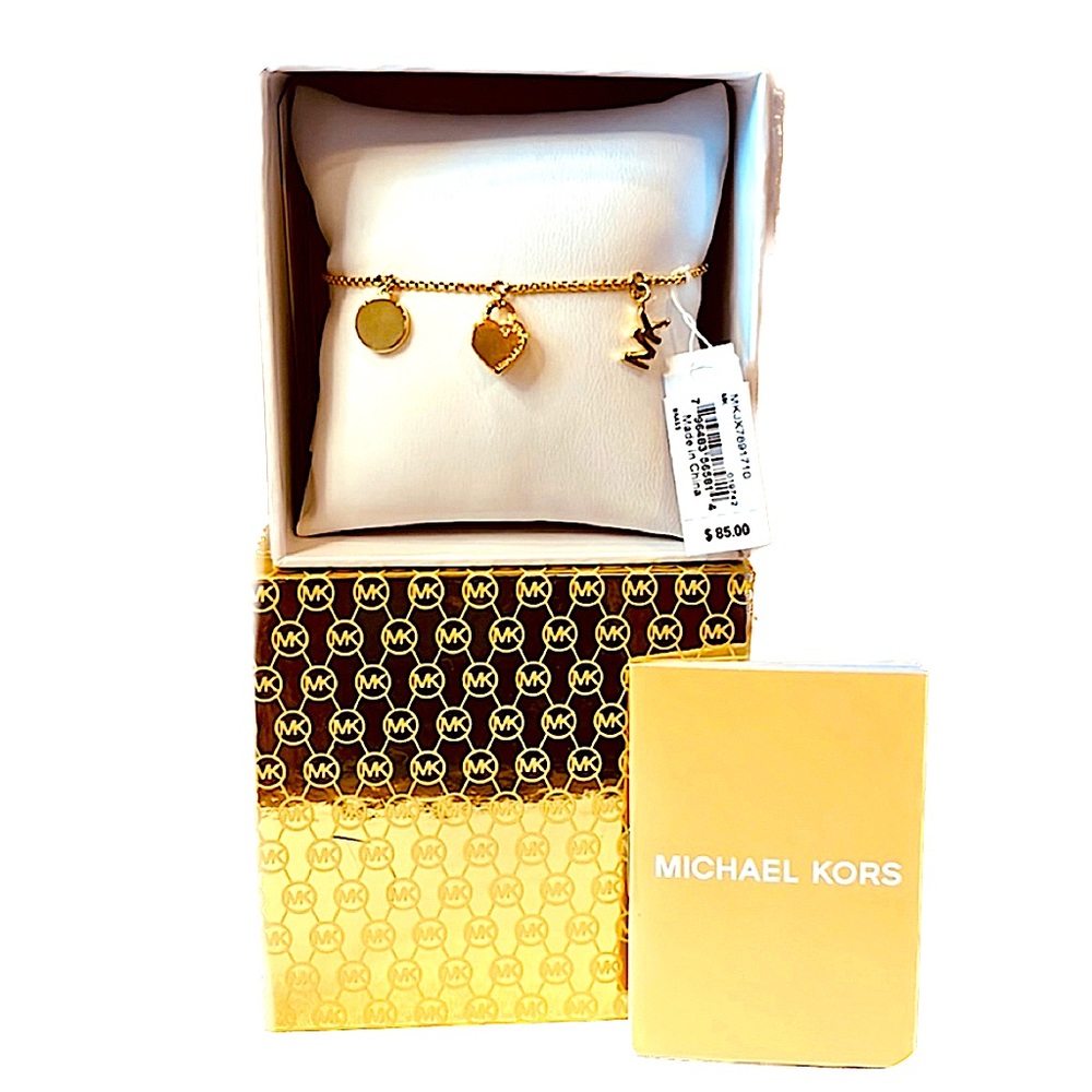 Michael Kors Gold Tone Signature MK Logo Charms Stainless Steel Slider Bracelet